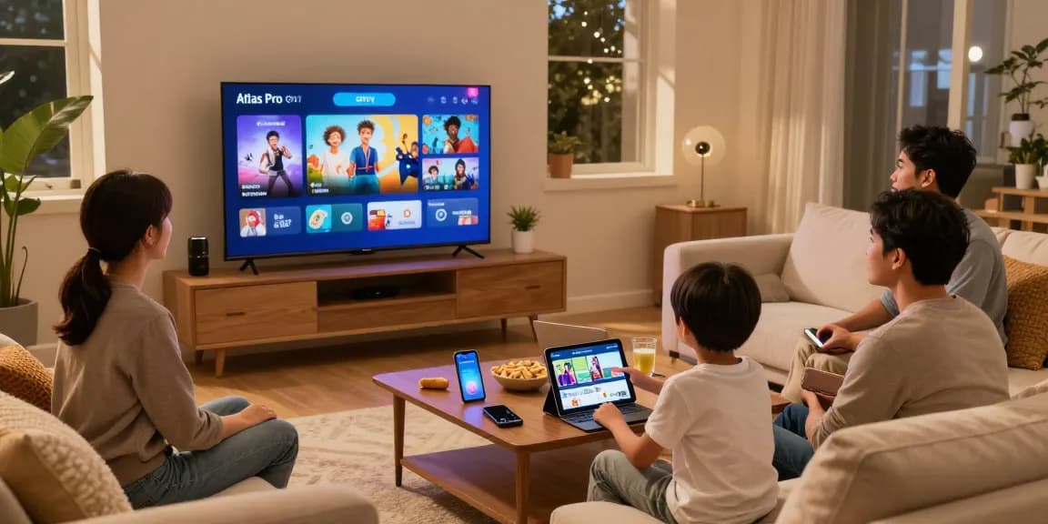 Famille profitant d'Atlas pro ontv sur un téléviseur intelligent dans un salon chaleureux.