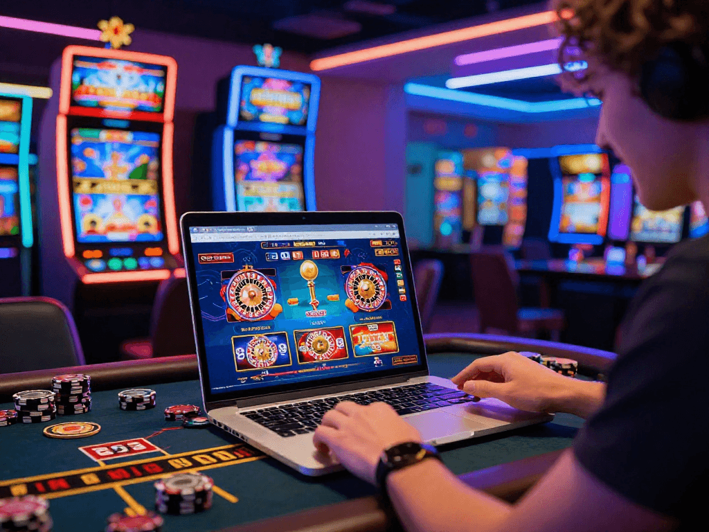 Une interface de casino en ligne moderne avec un joueur enthousiaste, jeux variés et ambiance lumineuse.