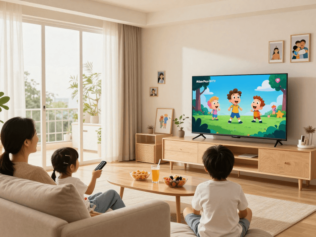 Profitez d'Atlas Pro pour regarder des films et séries en famille dans un salon moderne.
