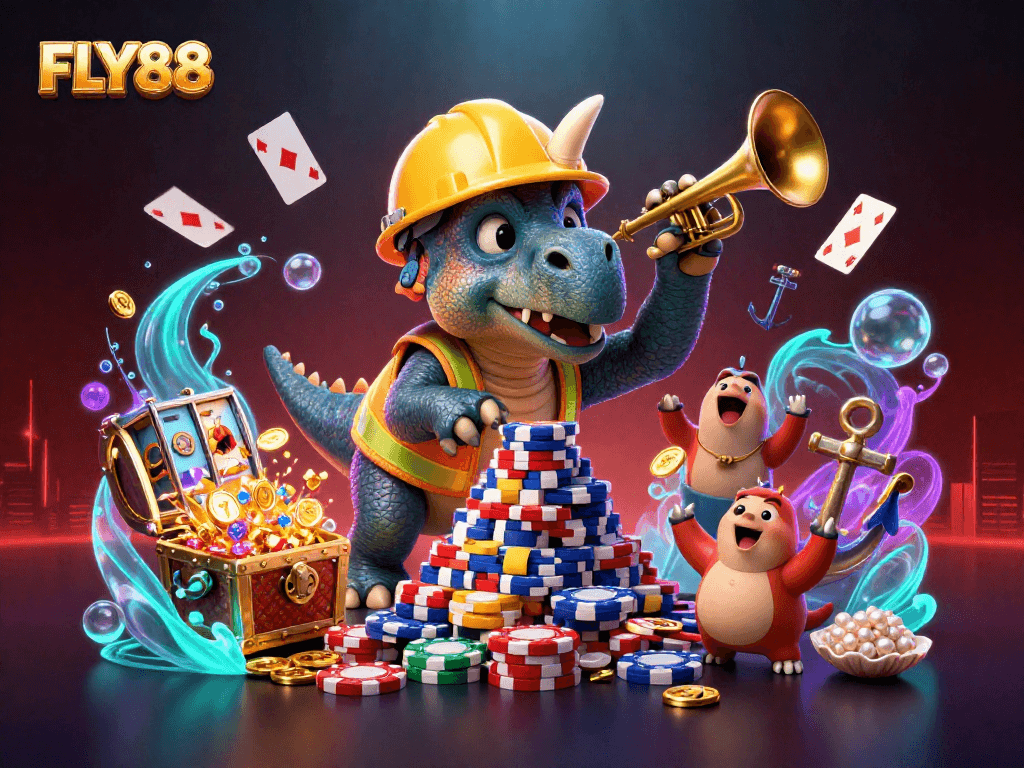 Engage with FLY88's ultimate gaming experience featuring a vibrant celebration of casino elements.
