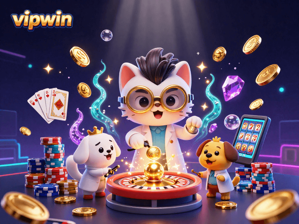 Experience thrilling jackpots with vipwin's cartoon scene showcasing dynamic casino elements.