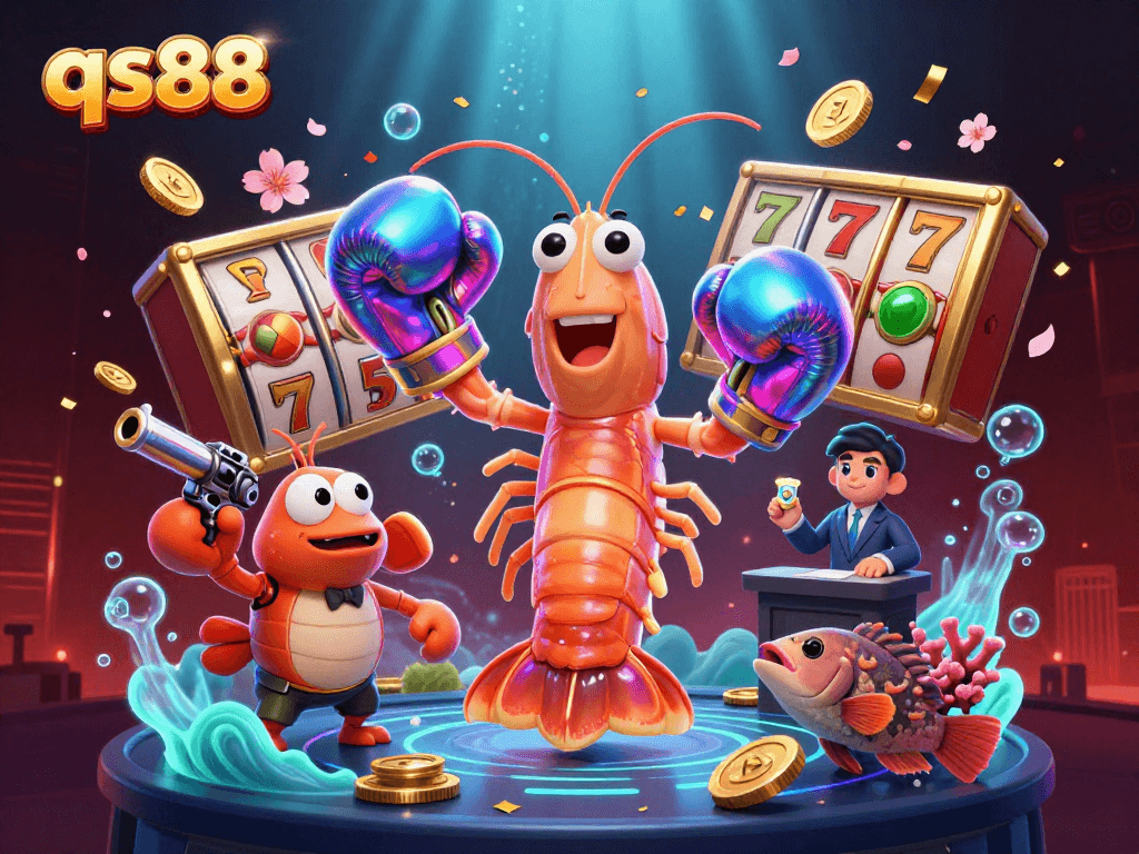 qs88 showcases a thrilling scene with an iridescent mantis shrimp and lottery elements.