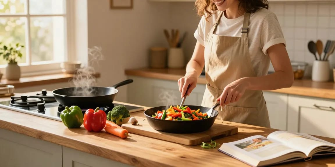 Découvrez des astuces cuisine en pleine préparation d'un plat coloré.