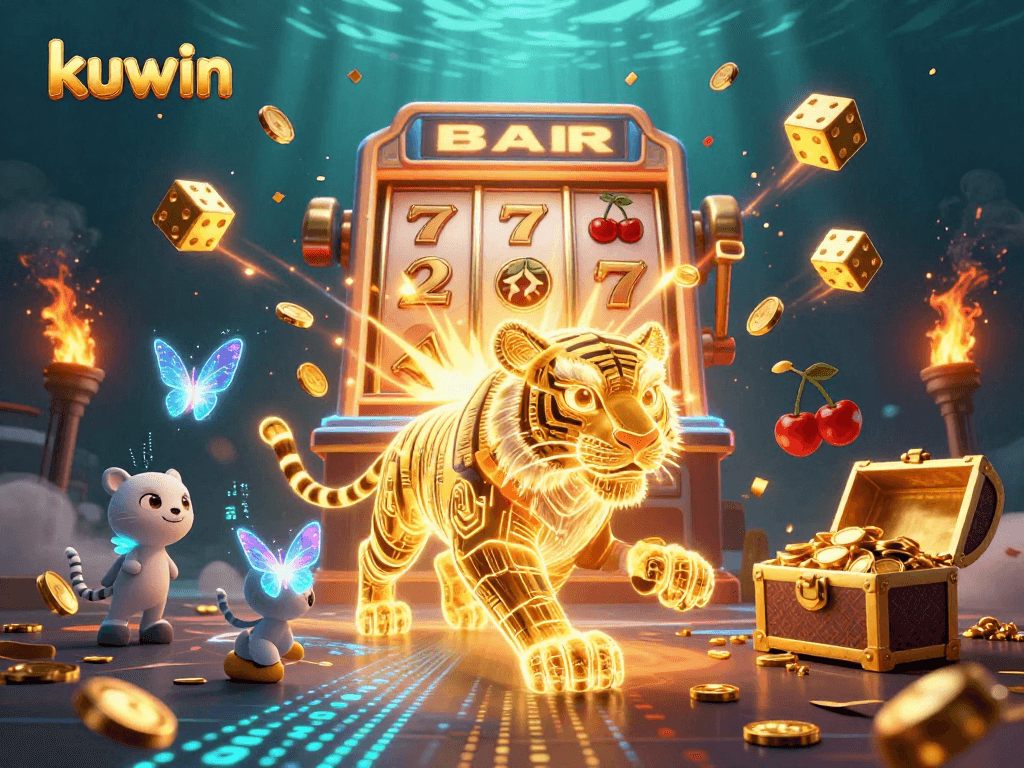 Kuwin players engage in thrilling casino action with a neon tiger amidst 3D slot machines and jackpot excitement.