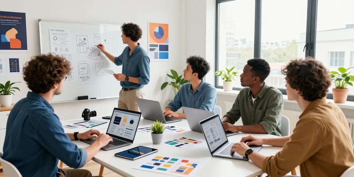 Création de designs modernes par l'équipe Sanumwebdesign dans un studio lumineux et inspirant.