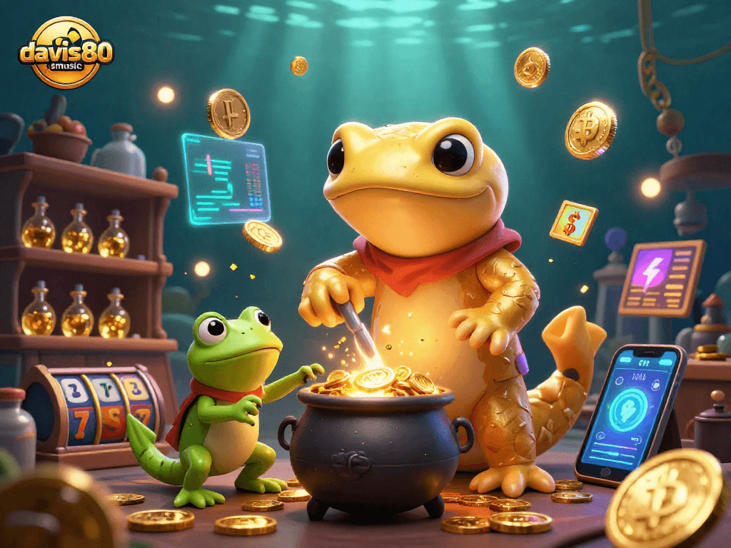Experience the magical world of davis80smusic as our golden salamander crafts gold coins amidst vibrant casino elements.