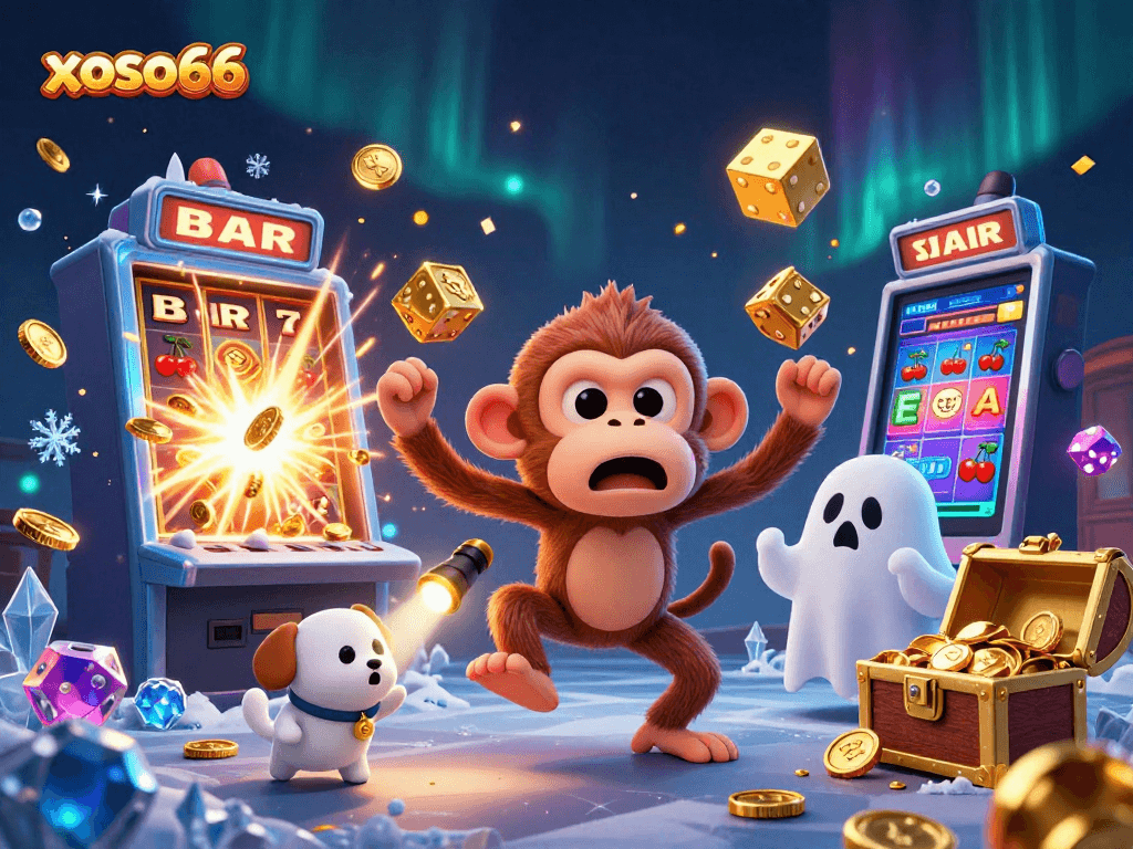 Experience the thrilling world of xoso66 as a mischievous monkey juggles coins in a haunted casino.