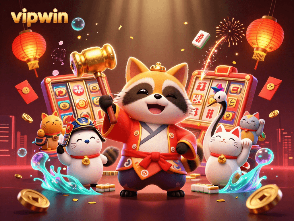 Experience winning moments with vipwin in a vibrant casino atmosphere featuring cheerful characters and dynamic elements.