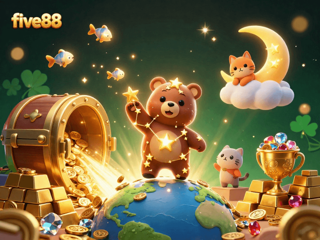 Engage in thrilling winnings at five88 with a vibrant 3D casino adventure surrounded by treasures.