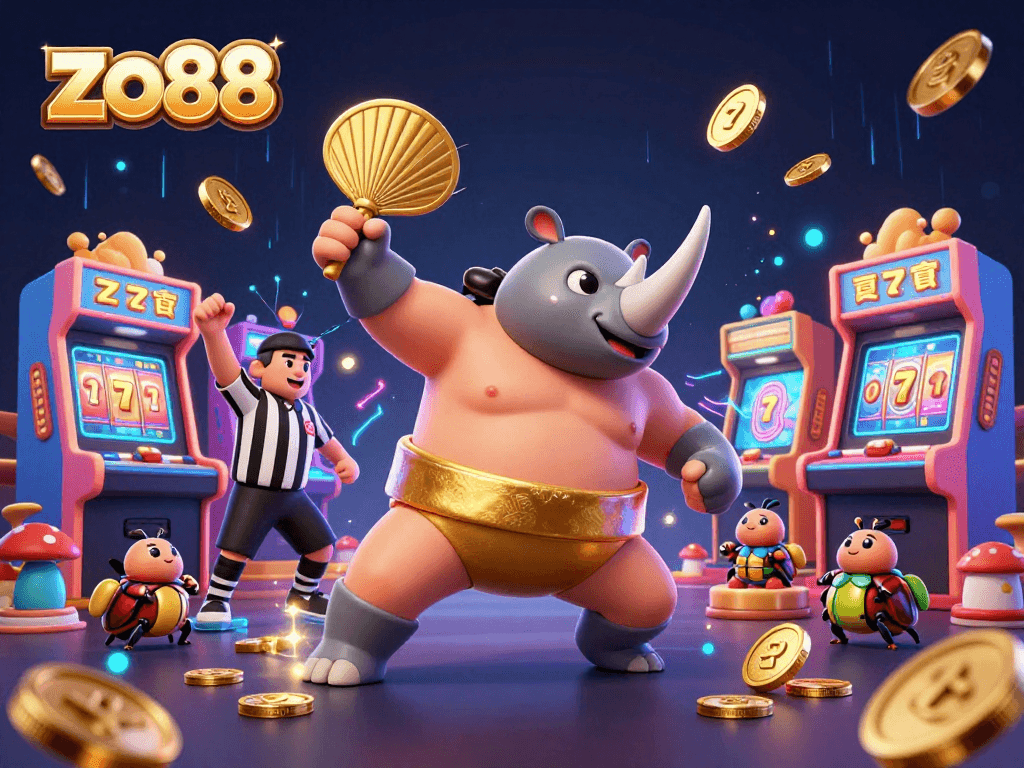 Experience the excitement at zo88 with a vibrant casino scene featuring dynamic characters and rich gaming elements.