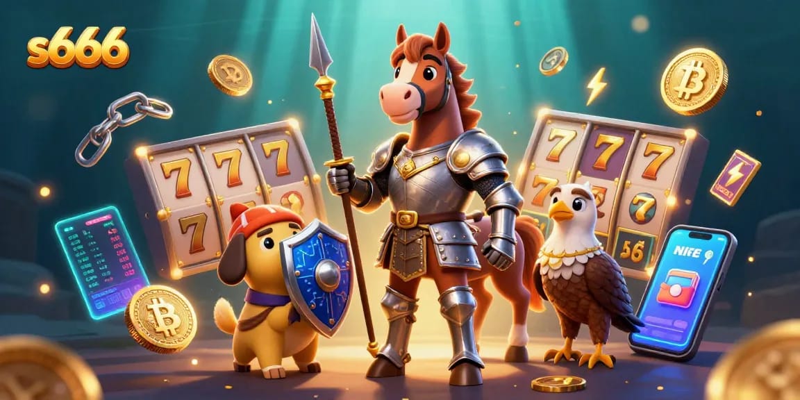 Engage with s666's online casino adventure featuring a knight, squire, and falcon amidst jackpot symbols.