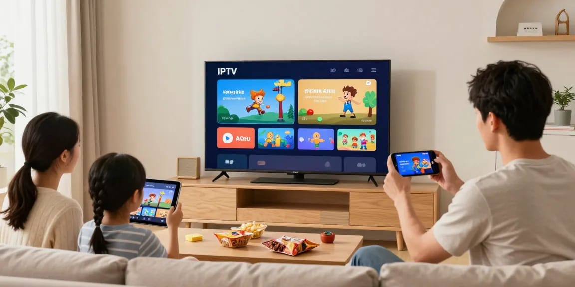 Abonnement Iron tv pro en famille, divertissement sur smart TV et smartphones dans un salon moderne.