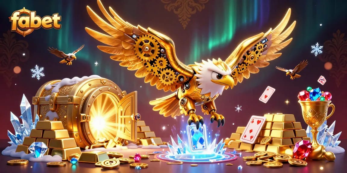 Engage with fabet's vibrant 3D casino scene featuring a golden eagle amidst holographic cards and treasure.
