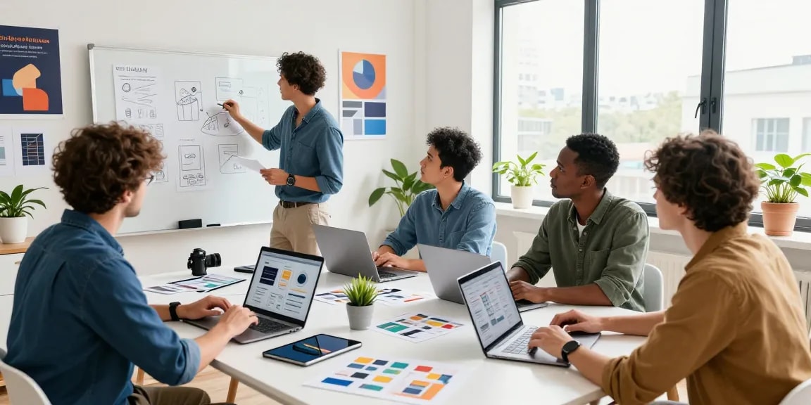 Création de designs modernes par l'équipe Sanumwebdesign dans un studio lumineux et inspirant.