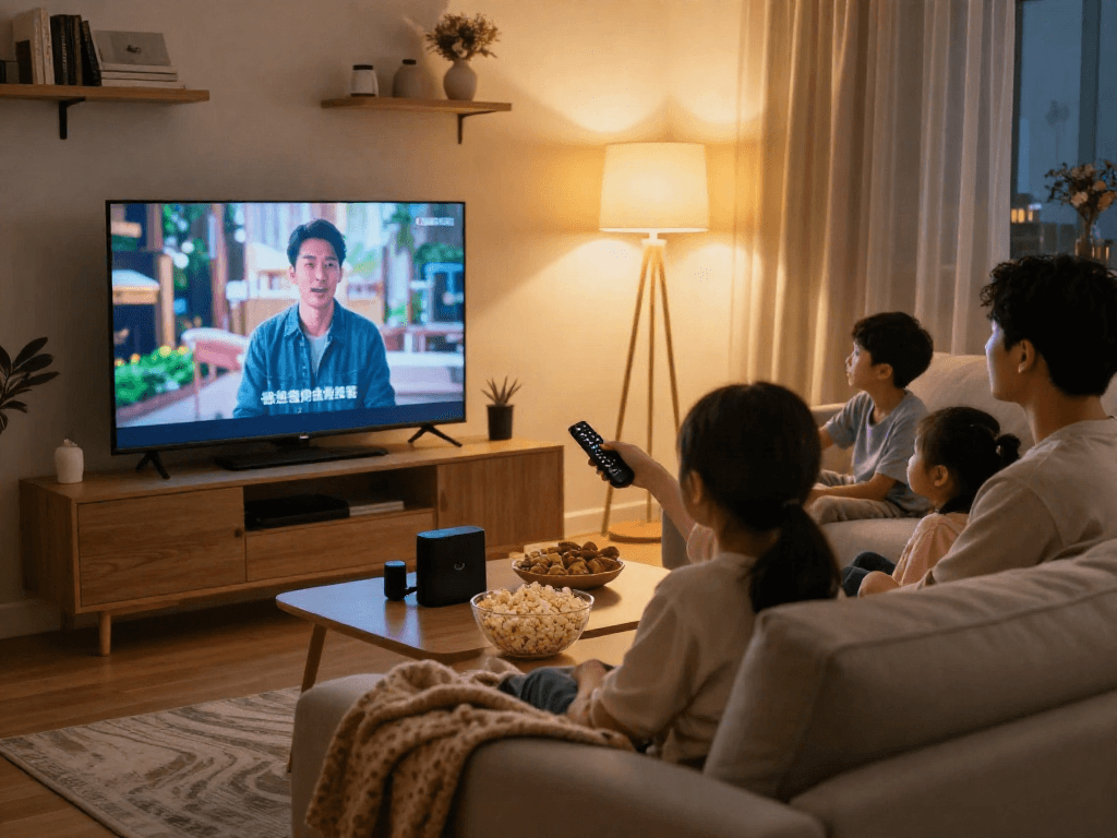 Enjoying Iron tv in a cozy living room setting with family, warm lighting, and modern décor