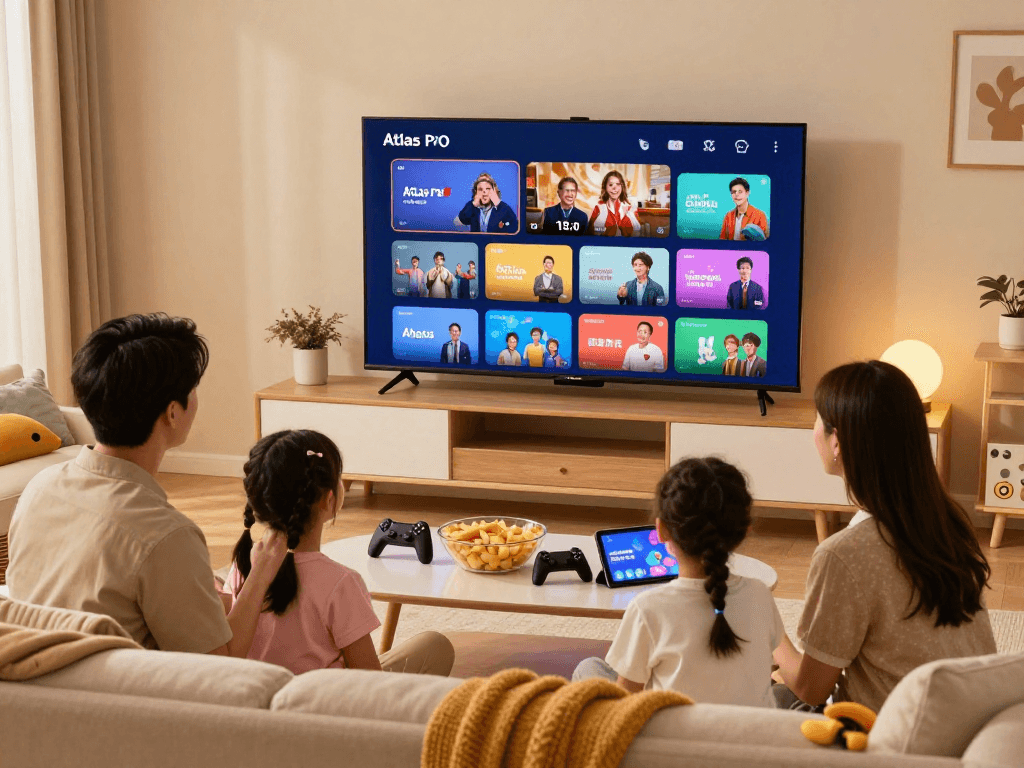 Expérience de streaming familiale avec atlas pro france dans un salon moderne.