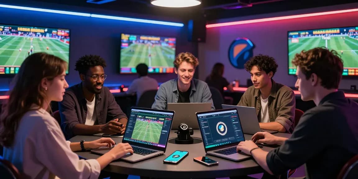 Paris sportif crypto 2026 : Scène dynamique d'un centre de paris sportifs futuriste axé sur les cryptomonnaies.