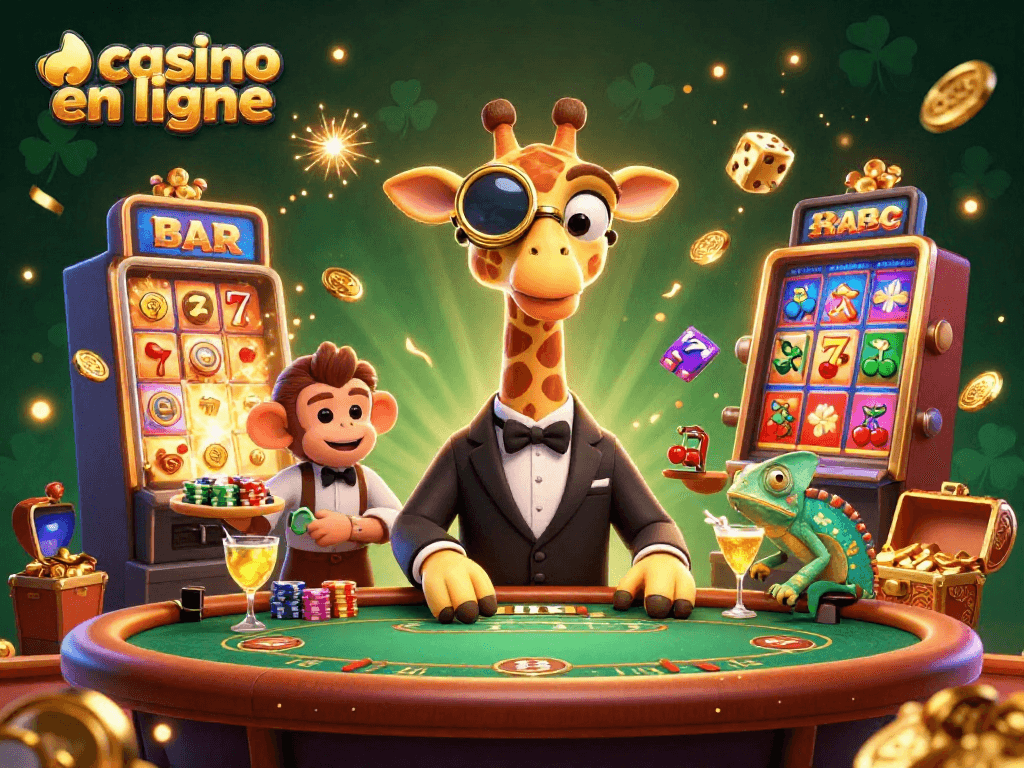 Jouez au casino en ligne avec la girafe croupier et le singe valet dans une scène colorée et dynamique.