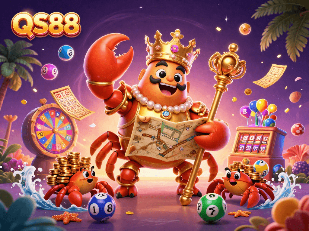 Experience thrilling gameplay at QS88 with a golden crab emperor surrounded by lottery excitement.