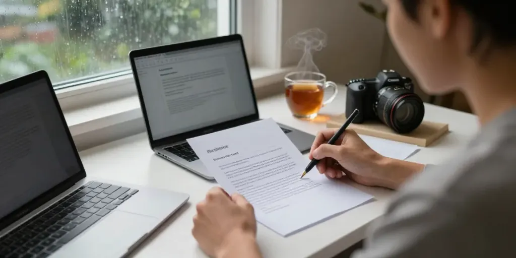 Modèle lettre dégât des eaux gratuit: personne rédigeant une lettre dans un salon chaleureux avec documents et ordinateur.