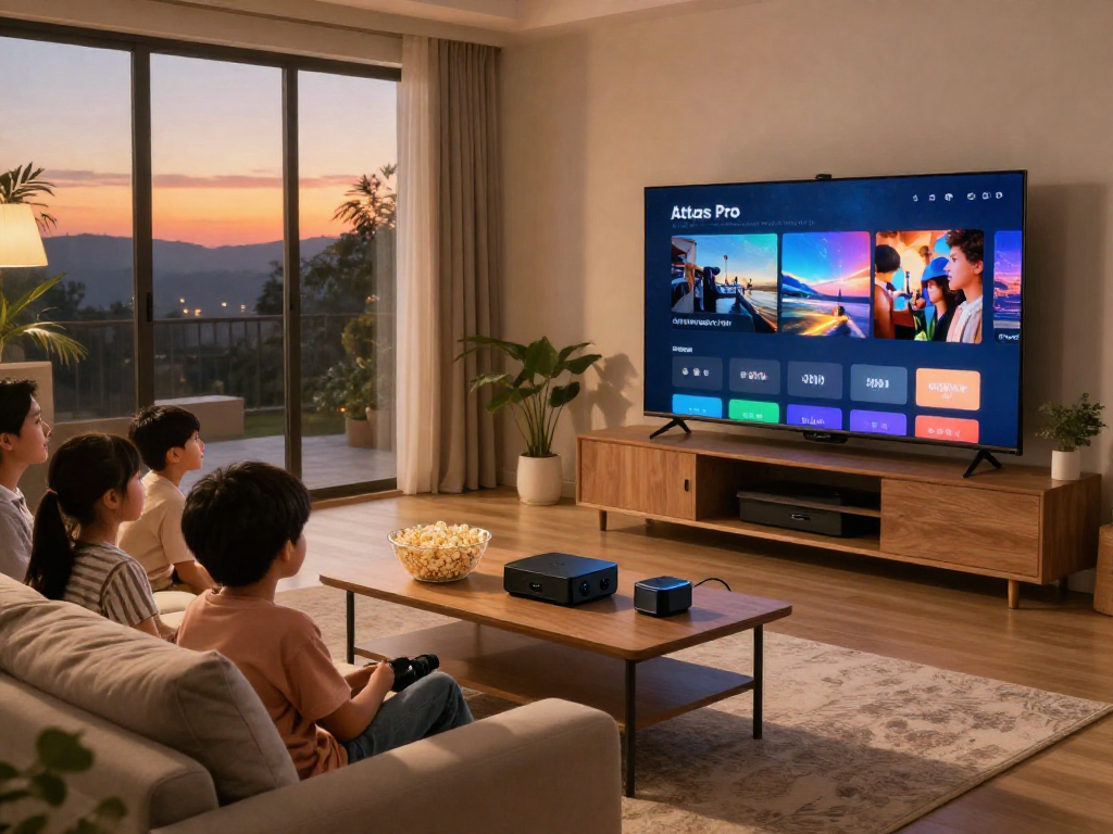 Interface d'Atlas Pro ONTV sur un grand téléviseur dans un salon accueillant.