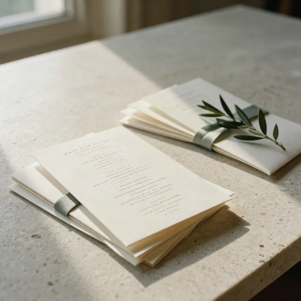 Suite de papeterie de mariage ivoire sur lin et travertin, avec menus et marque-places.