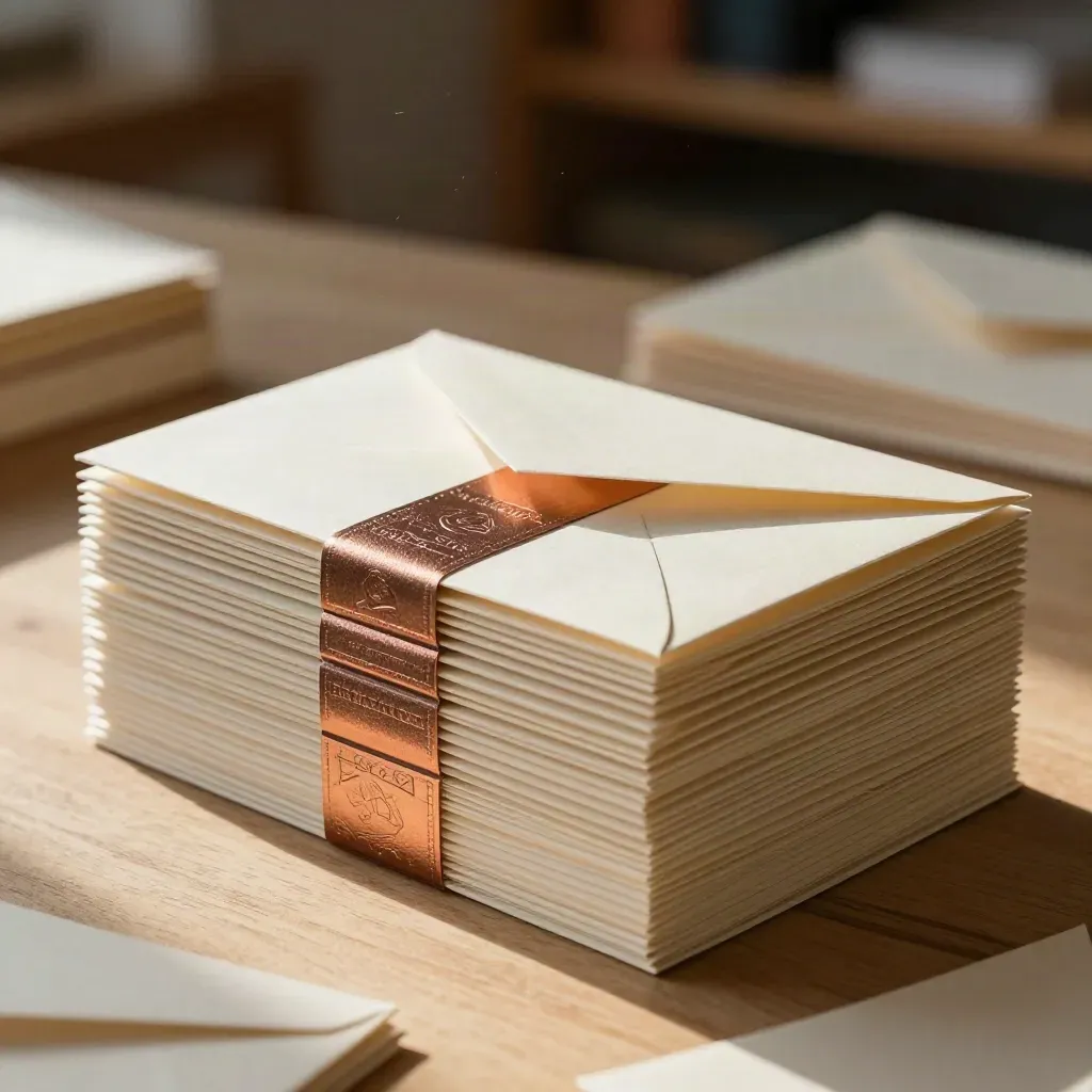 Cartes de vœux pliées avec enveloppes et bandeaux embossés sur bois clair