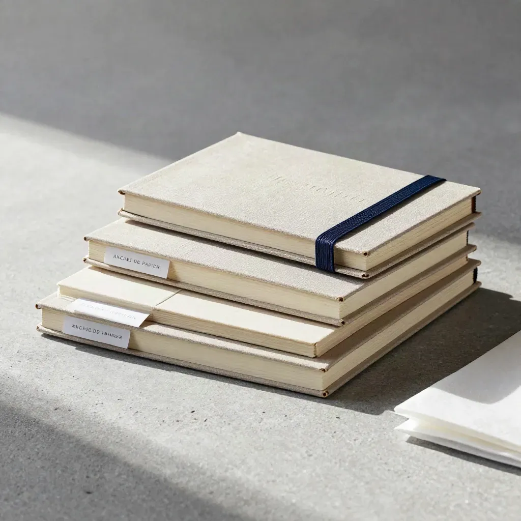 Suite de carnets sur mesure sur table de pierre, étui en lin et lumière douce.