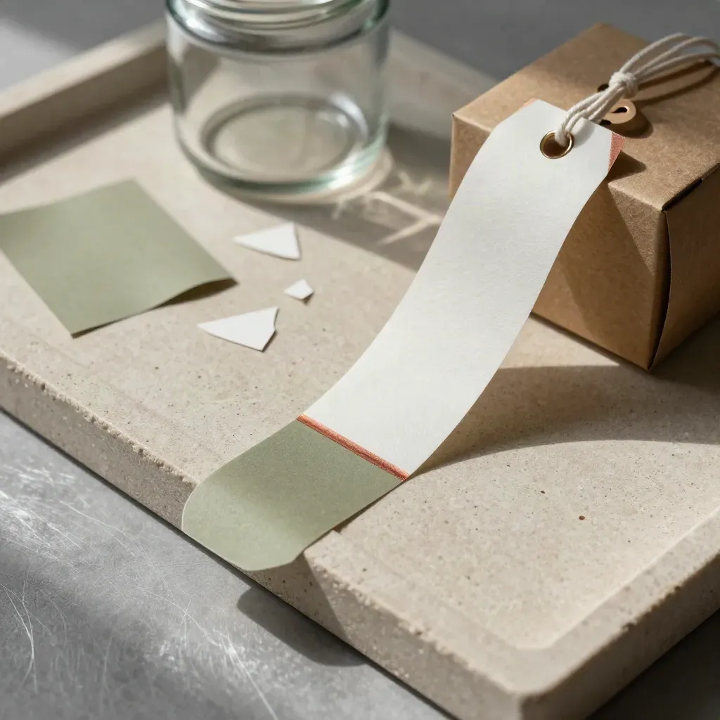 Étiquettes adhésives et tags suspendus qui se soulèvent près d’un carton test et d’un petit bocal.