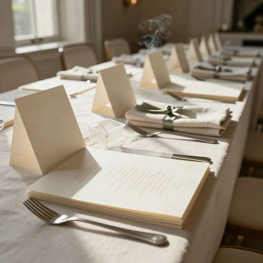 Suite de mariage ivoire alignée sur une table drapée de lin, vue rasante et lumière douce.