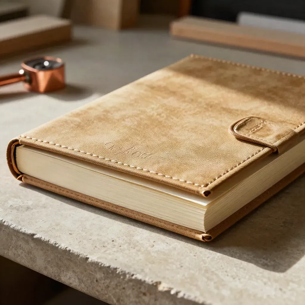 Carnet de collection ouvert sur un banc de reliure, avec papier esquisse et touche cuivrée.