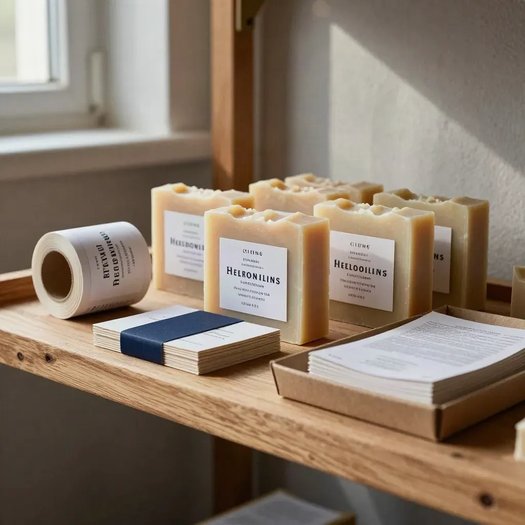 Étiquettes artisanales sur savons emballés, rouleau partiellement déroulé, plateau kraft.
