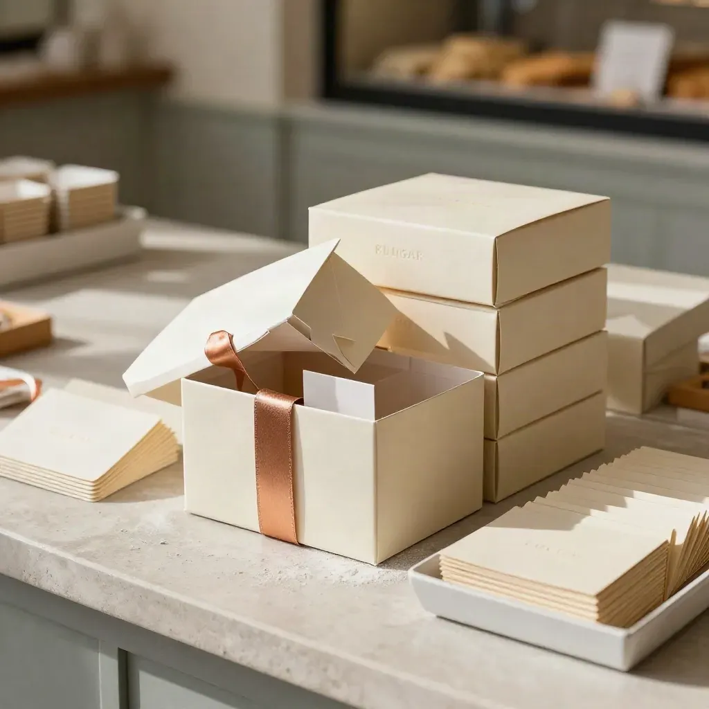 Boîtes cadeaux et cartes pliées pour biscuits, sur un comptoir en pierre avec ruban cuivre.