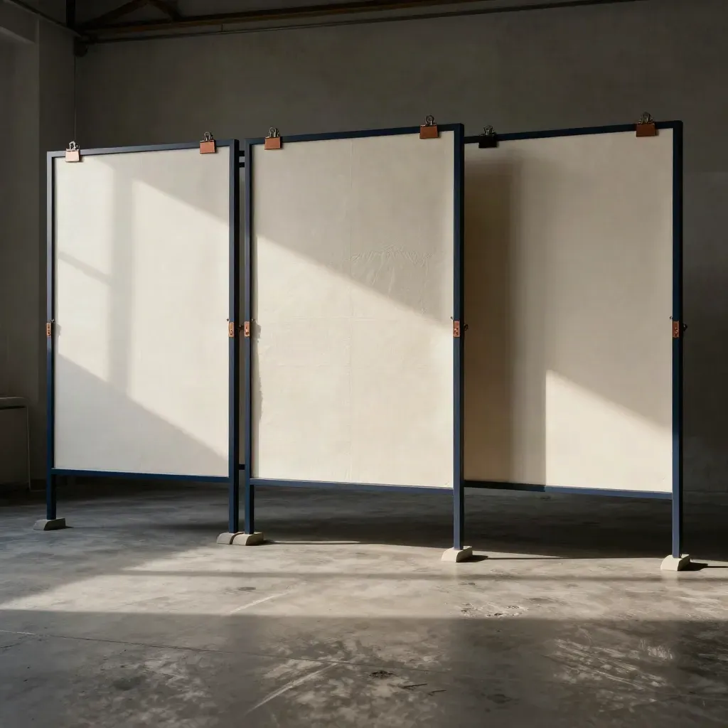 Affiches en papier montées sur panneaux dans un pop-up vide, lumière du soir.