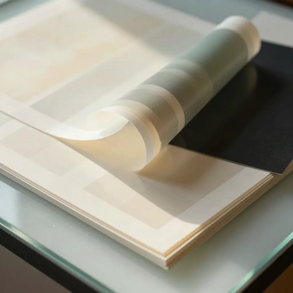 Films d’acétate et papier noir sur table lumineuse, rendu éditorial raffiné.
