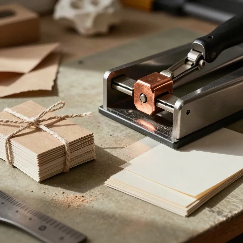 Gros plan d’une guillotine à papier, de liasses ficelées et d’échantillons de coupe.