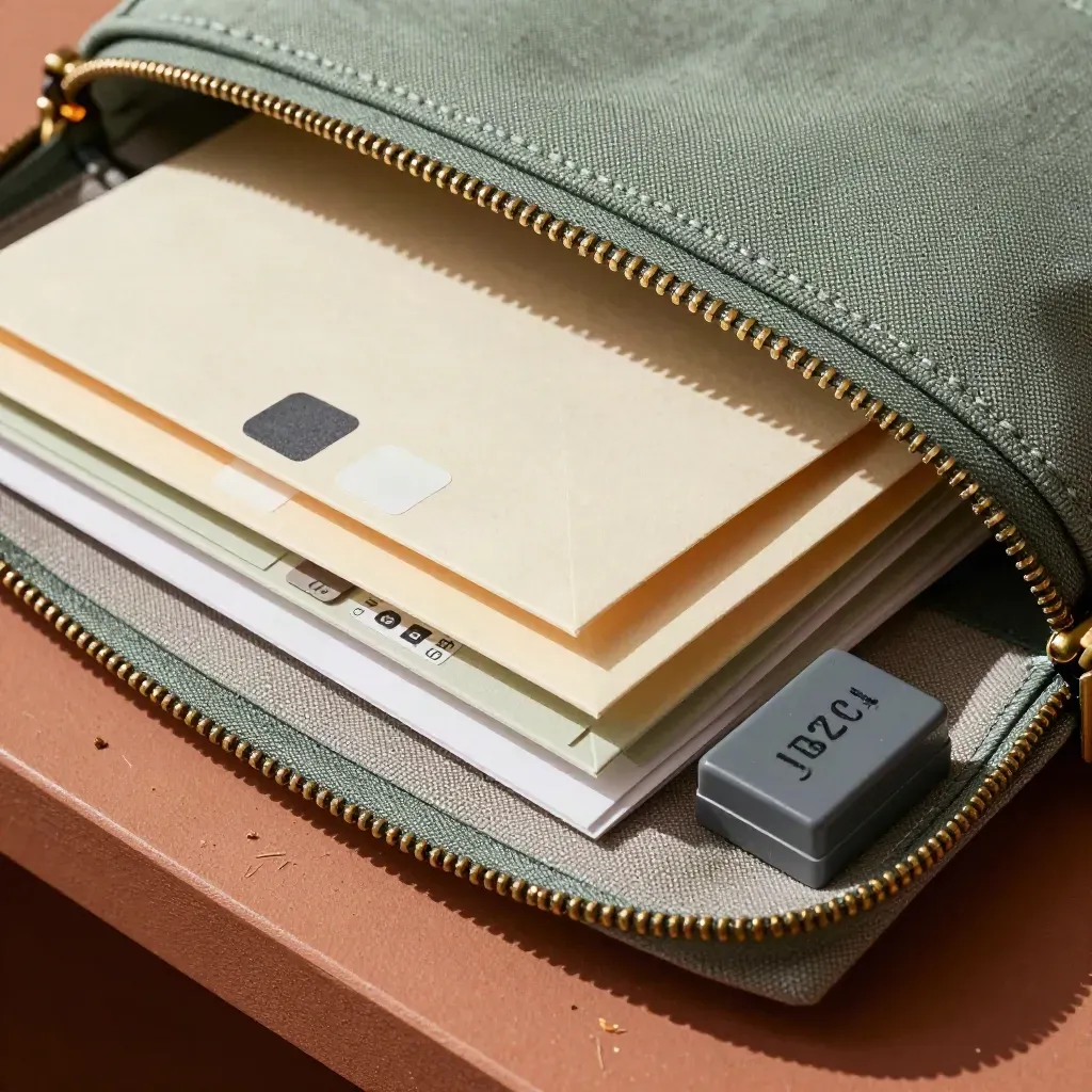 Pochette sage avec enveloppes, échantillons et tampon dateur sur étagère en terre cuite.