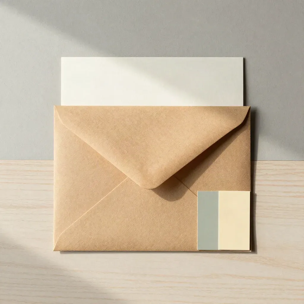 Enveloppe kraft, carte vierge et nuanciers sages sur bois pâle, lumière douce.