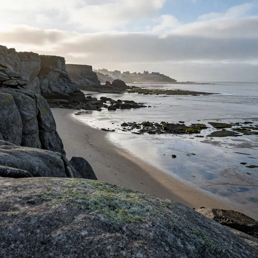 Falaises de granit bretonnes, estran miroitant et silhouettes lointaines sous brume.
