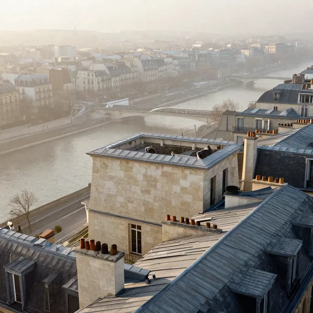 Paris au lever du jour, toits en pierre claire et Seine voilée de brume.