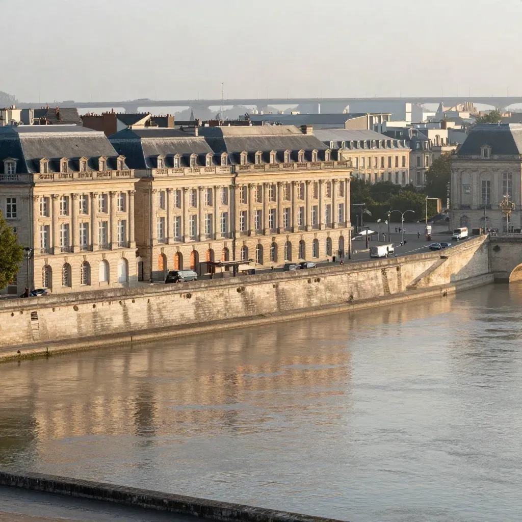 Façades en pierre de Bordeaux baignées d’or, fleuve brumeux et horizon calme.