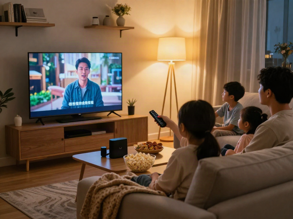 Enjoying Iron tv in a cozy living room setting with family, warm lighting, and modern décor